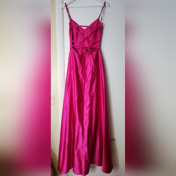 JULES AND CLEO DAVID'S BRIDAL Satin Spaghetti Strap A Line Dress Hot Pink Size 4 - Picture 3 of 15